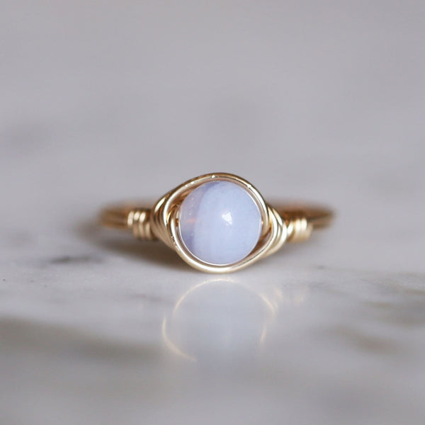 photo of blue lace agate gemstone solitaire ring made with 14k gold filled