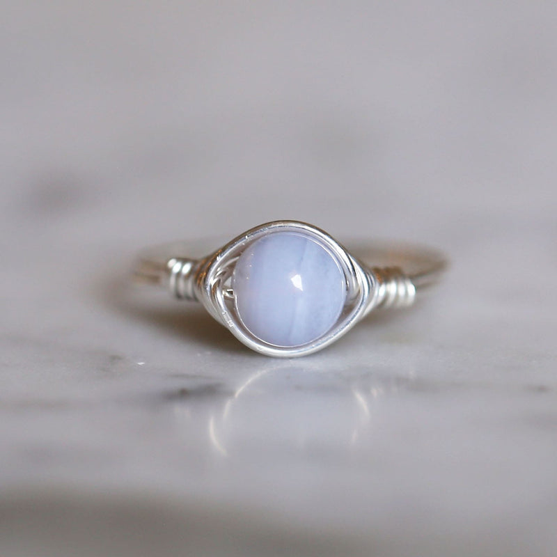 photo of blue lace agate gemstone solitaire ring made with sterling silver