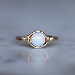 Opal Gemstone Ring White with band and setting made of 14k Gold-Filled October Birthstone