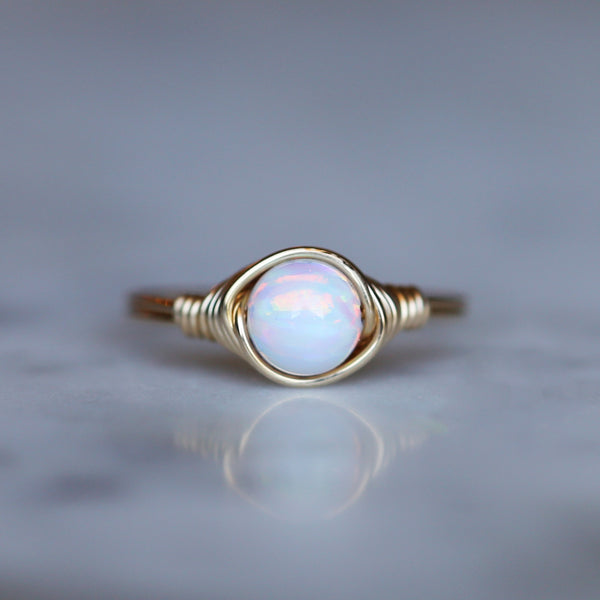 Opal Gemstone Ring White with band and setting made of 14k Gold-Filled October Birthstone