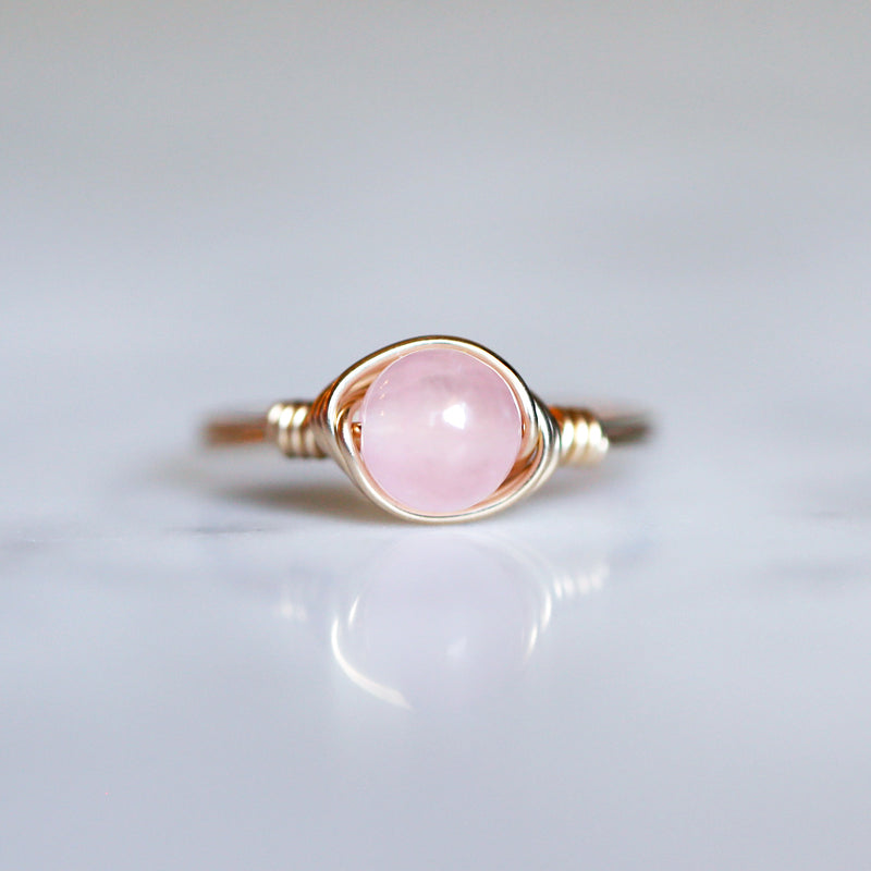 Rose Quartz Gemstone Ring with band and setting made of 14k Gold-Filled