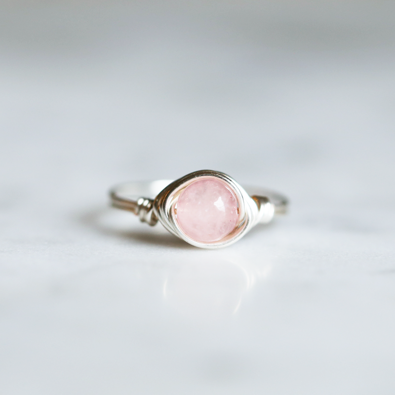 Rose Quartz Gemstone Ring with band and setting made of Sterling Silver