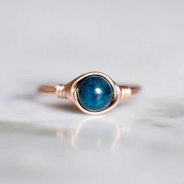 Apatite Gemstone Ring with band and setting made of 14k rose gold-filled