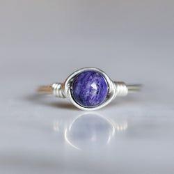 charoite gemstone ring band and setting made of sterling silver