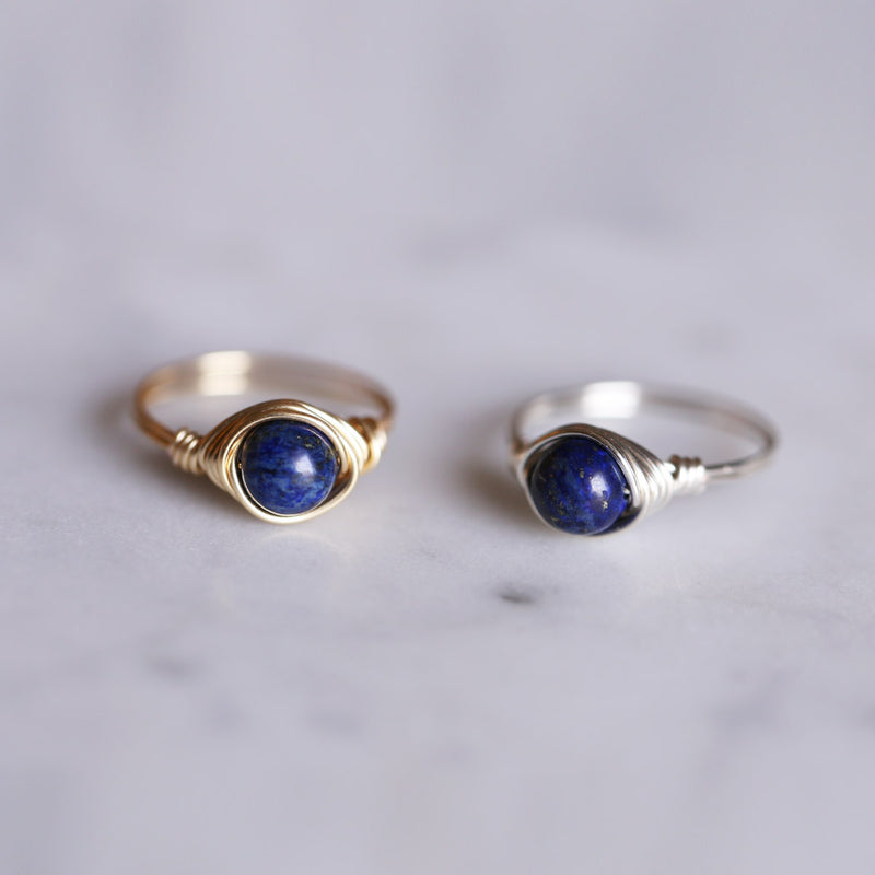 lapis lazuli gemstone rings both have band and setting wrapped in demi fine jewelry metals