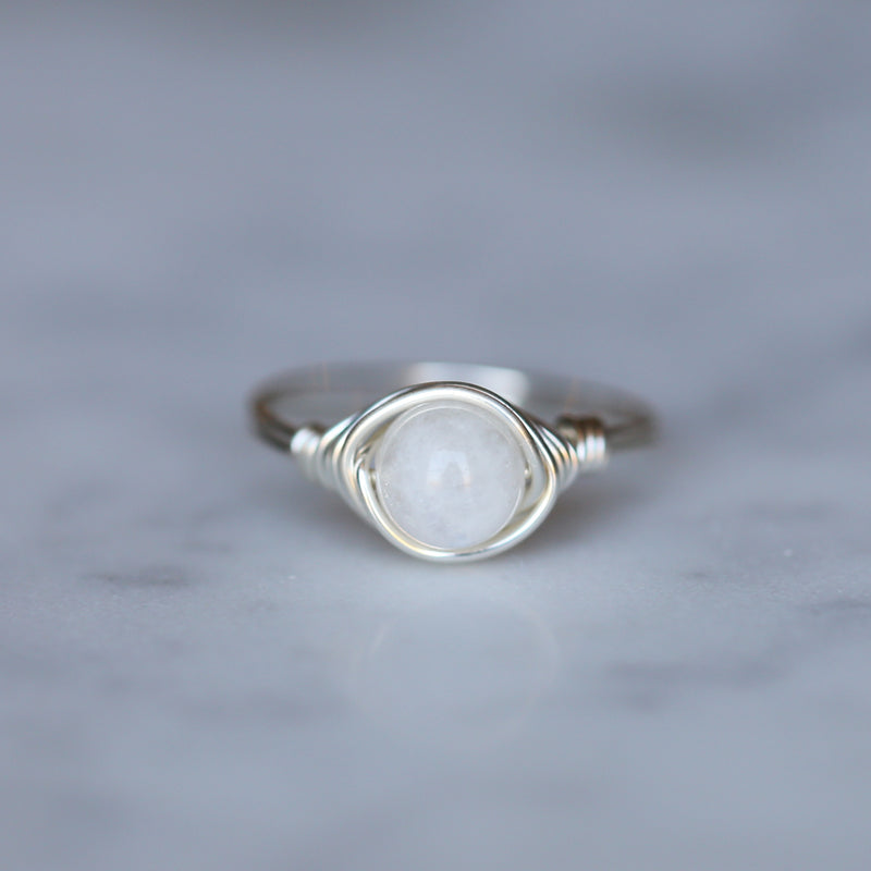 Moonstone gemstone Ring with band and setting made of sterling silver