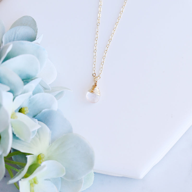 photo of beautiful rose quartz teardrop pendant necklace with 14k gold filled chain