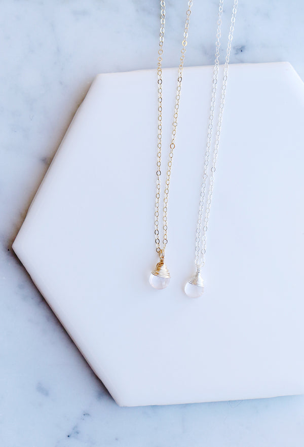 photo of 2 rose quartz pendant necklaces made with 14k gold filled and sterling silver